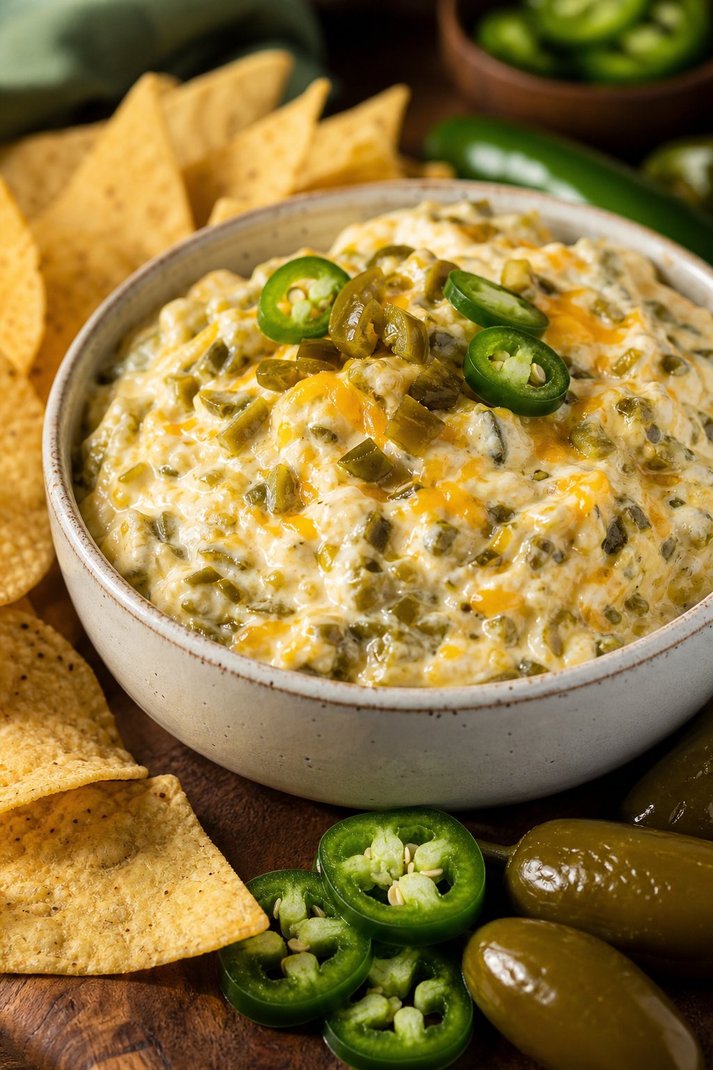 20 Crock Pot Appetizers for Easy Parties 11 A bowl of creamy cheesy jalapeño popper dip with chopped jalapeños and tortilla chips on a wooden table.