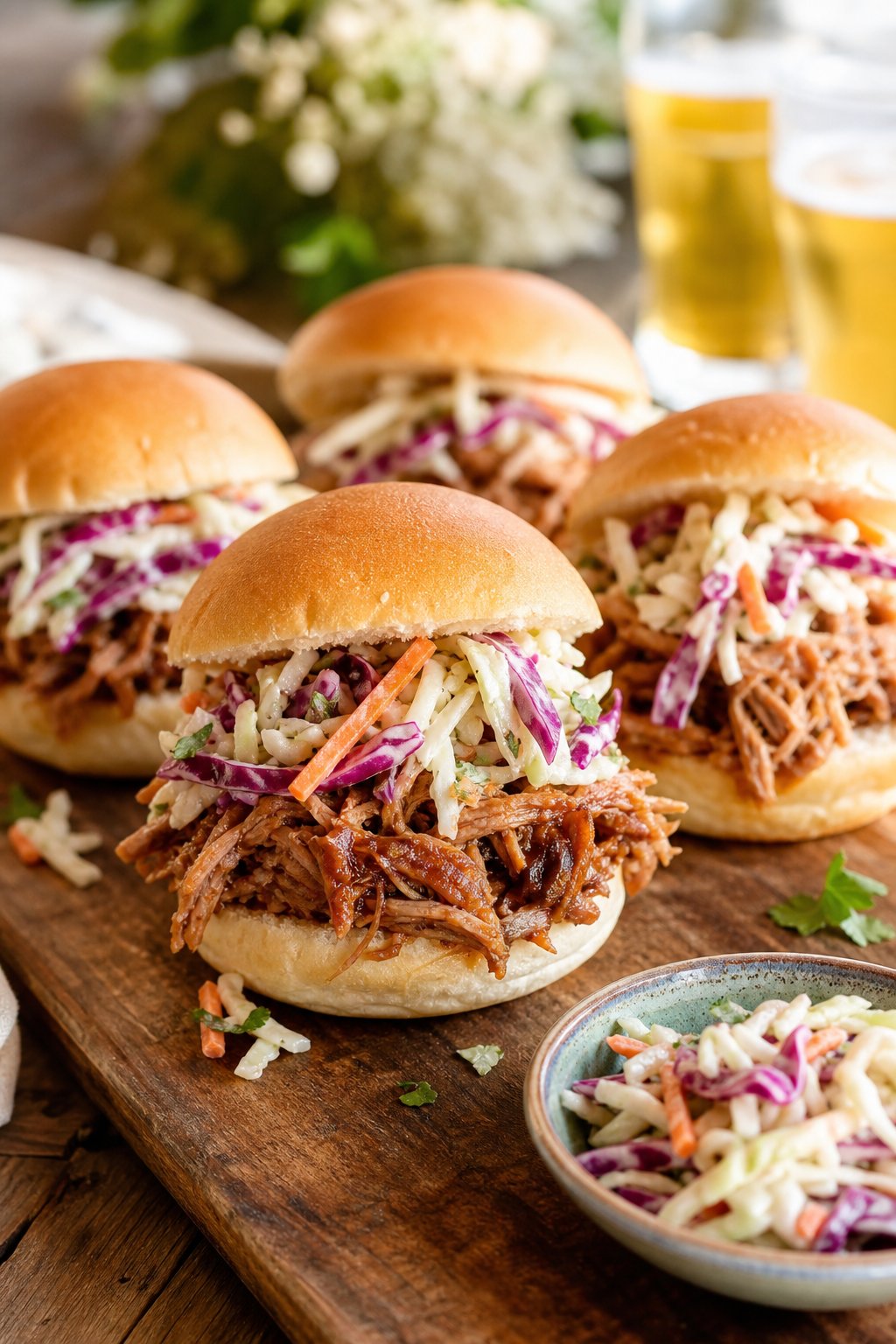 20 Crock Pot Appetizers for Easy Parties 12 Close-up of pulled pork sliders topped with coleslaw on a wooden board with a bowl of coleslaw beside them.