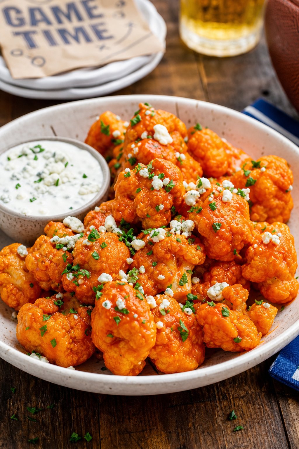 20 Crock Pot Appetizers for Easy Parties 13 A bowl of buffalo cauliflower bites with blue cheese crumbles and a small cup of blue cheese dressing on a wooden table.