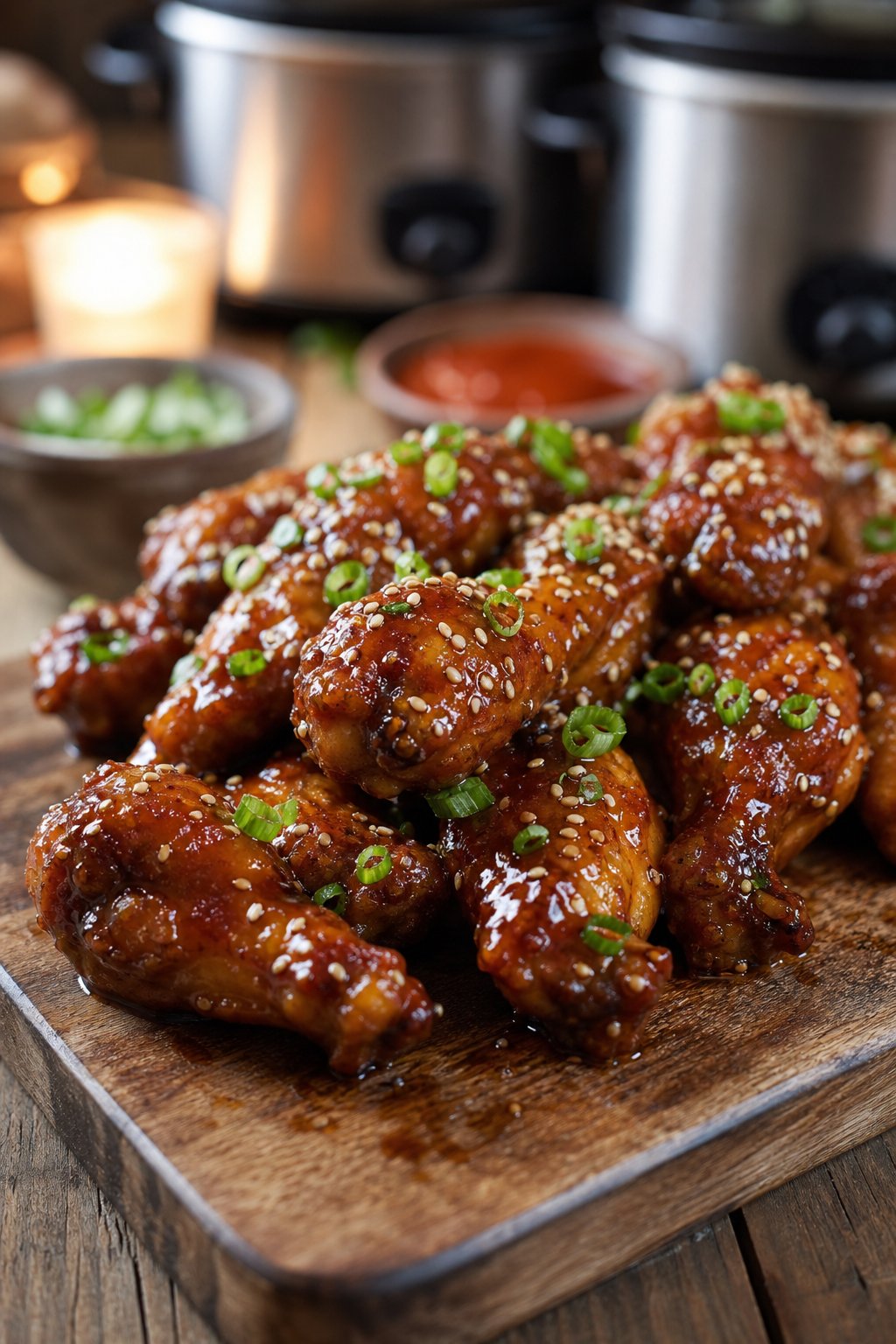 20 Crock Pot Appetizers for Easy Parties 14 A plate of sticky teriyaki chicken wings garnished with green onions and sesame seeds on a wooden board, with blurred crock pot and dipping sauces in the background.