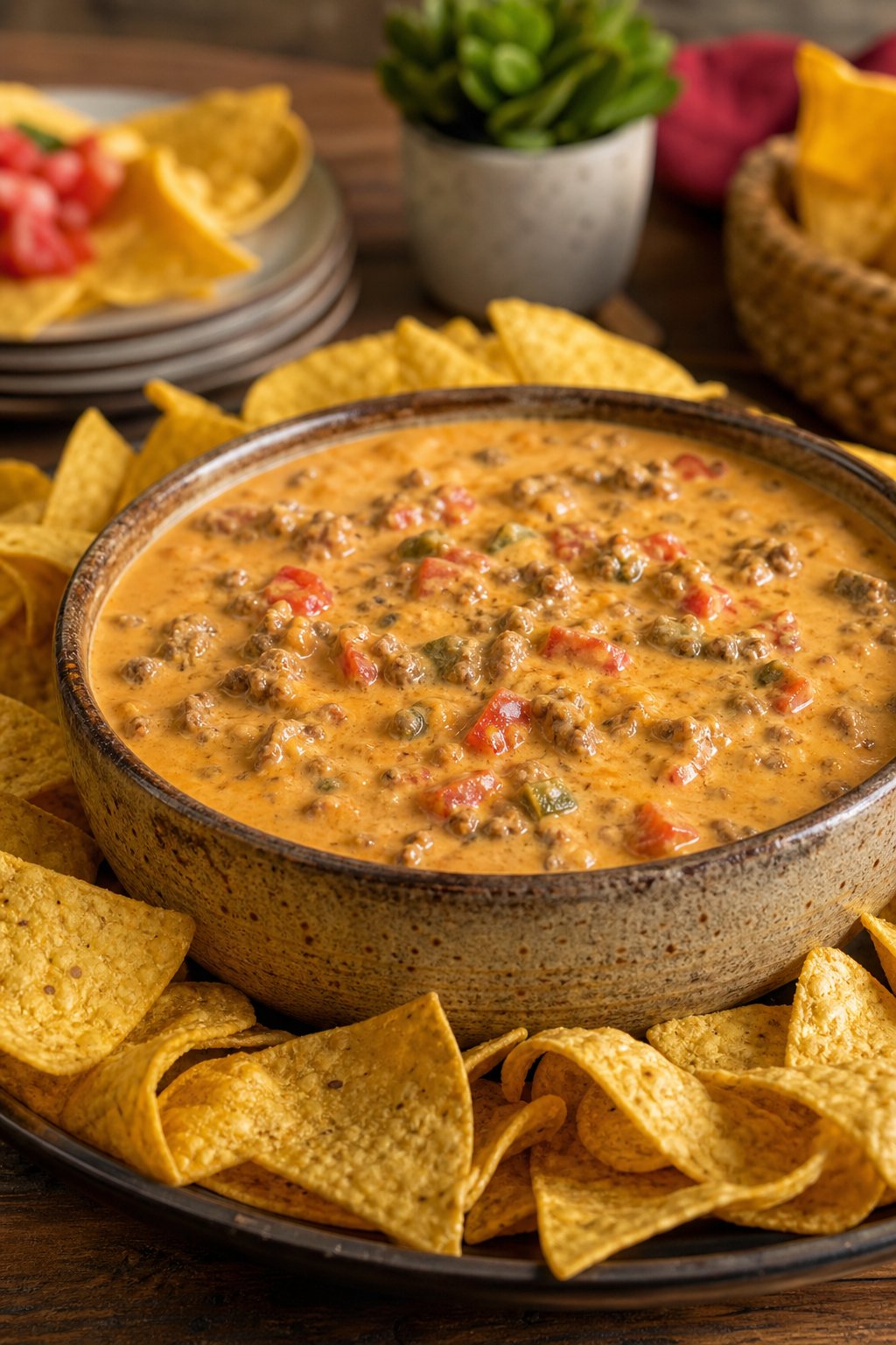 20 Crock Pot Appetizers for Easy Parties 15 A bowl of cheesy chili con queso with ground beef and diced tomatoes surrounded by tortilla chips on a wooden table.