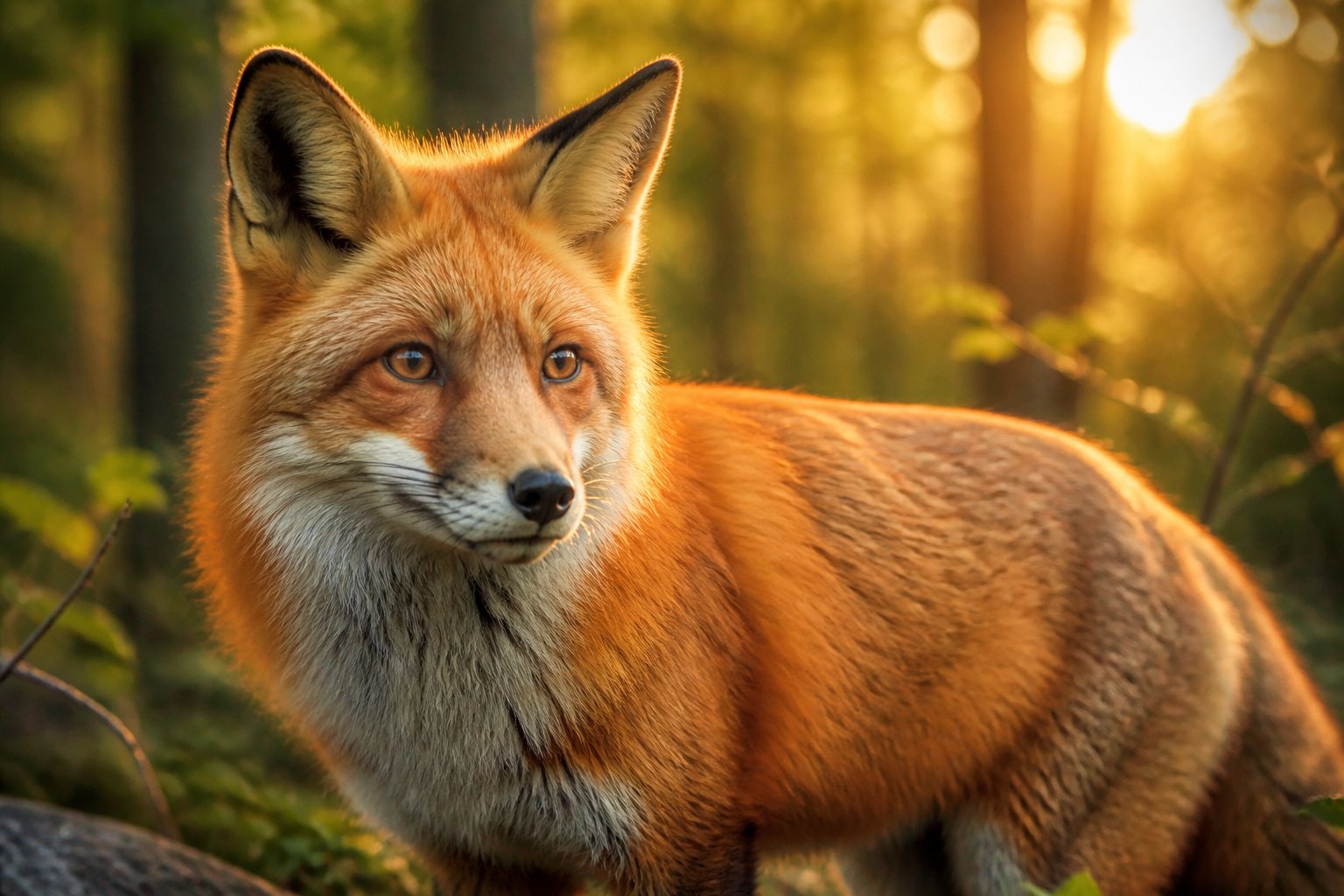 Close-up of a red fox with bright orange fur standing in a forest with sunlight filtering through trees.