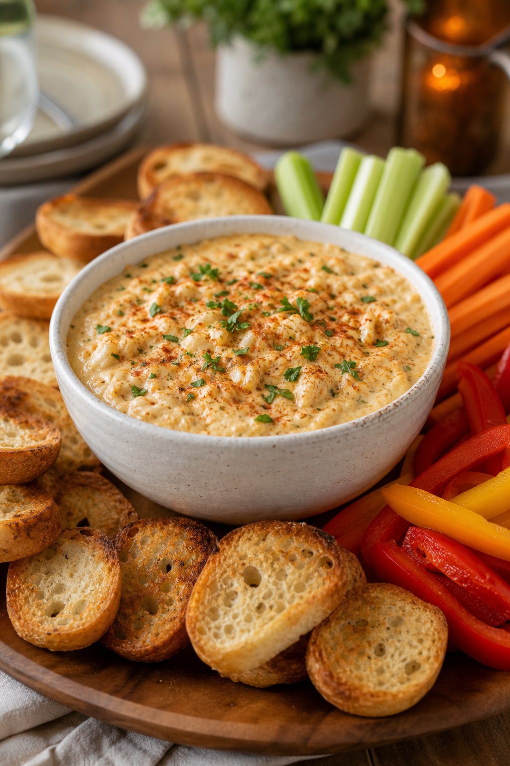 20 Crock Pot Appetizers for Easy Parties 16 A bowl of hot crab dip garnished with seasoning and herbs, surrounded by toasted bread slices and vegetable sticks on a wooden board.