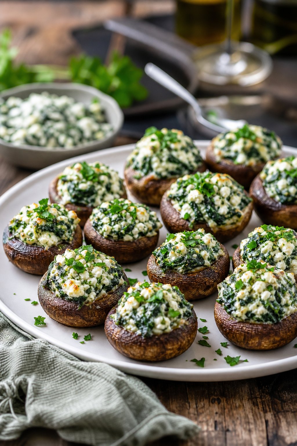20 Crock Pot Appetizers for Easy Parties 17 A plate of spinach and feta stuffed mushrooms on a wooden table with garnish and a serving spoon nearby.