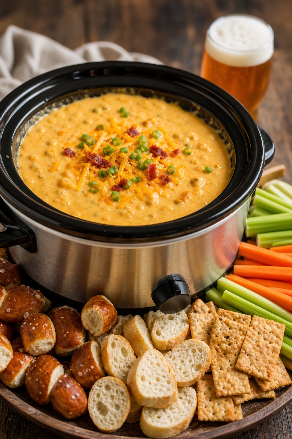 20 Crock Pot Appetizers for Easy Parties 18 Slow cooker filled with creamy Bavarian beer cheese dip surrounded by pretzel bites, bread slices, vegetable sticks, and crackers on a wooden table with a glass of beer in the background.
