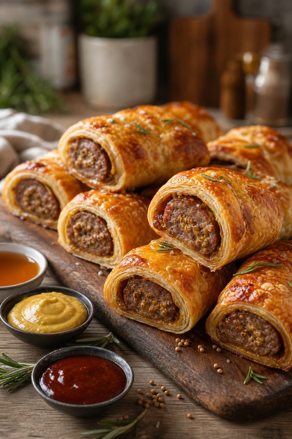 20 Crock Pot Appetizers for Easy Parties 19 Close-up of maple-mustard BBQ sausage rolls on a wooden board with dipping sauces and garnishes.