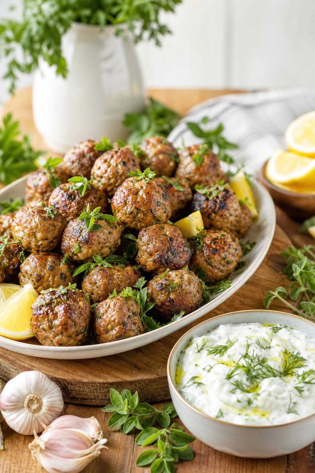 20 Crock Pot Appetizers for Easy Parties 20 A platter of Greek meatballs with a bowl of tzatziki dip on a table surrounded by fresh herbs and lemon wedges.