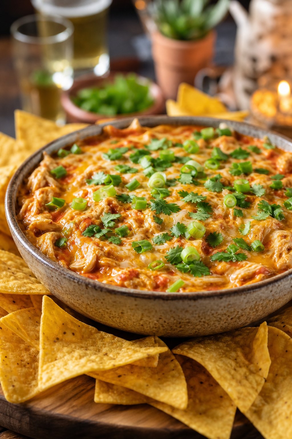 20 Crock Pot Appetizers for Easy Parties 21 A bowl of chicken enchilada dip with shredded chicken and enchilada sauce, garnished with cilantro and green onions, surrounded by tortilla chips on a wooden board.