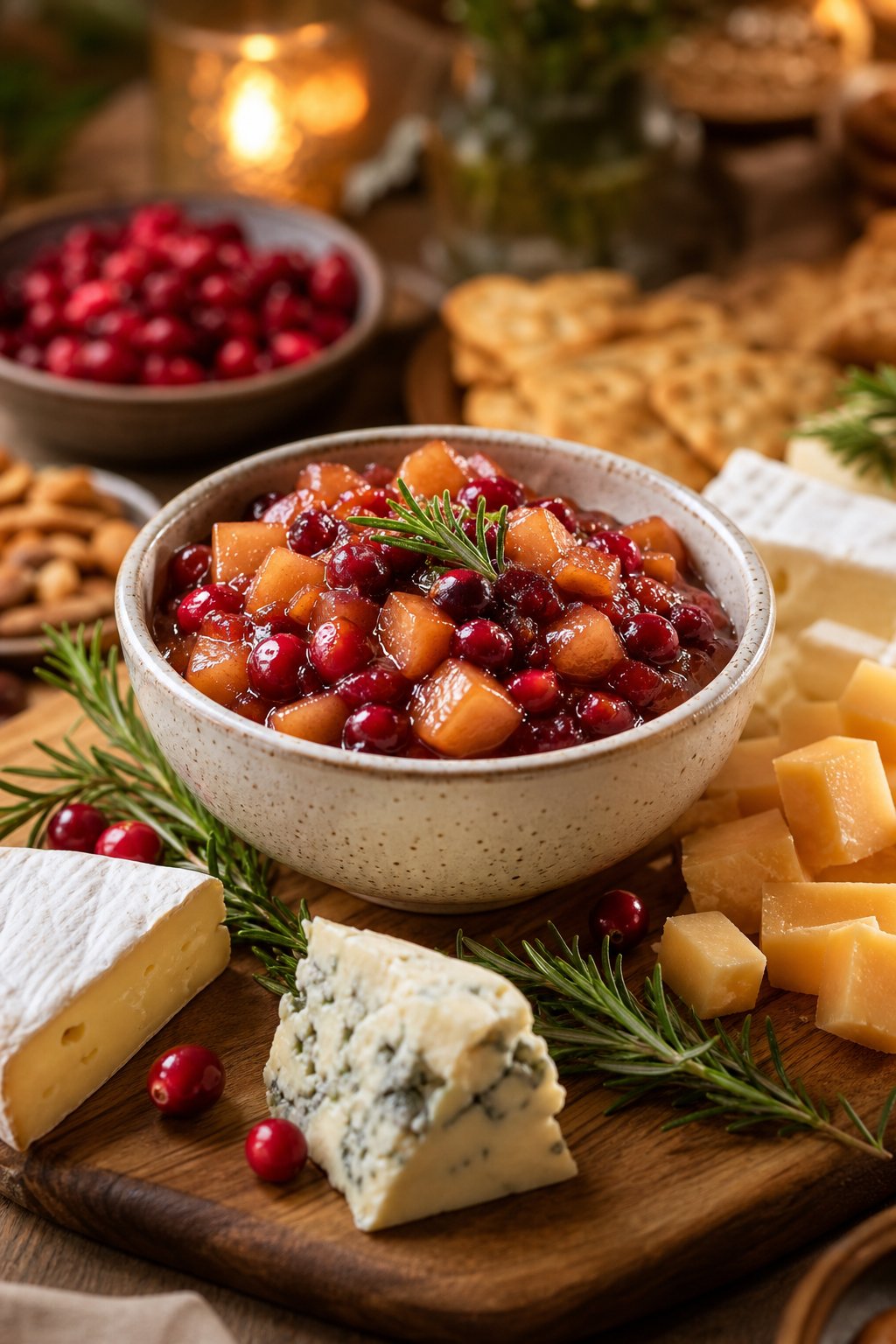 20 Crock Pot Appetizers for Easy Parties 22 A bowl of warm apple-cranberry compote on a wooden cheese board with various cheeses, nuts, and crackers arranged around it.