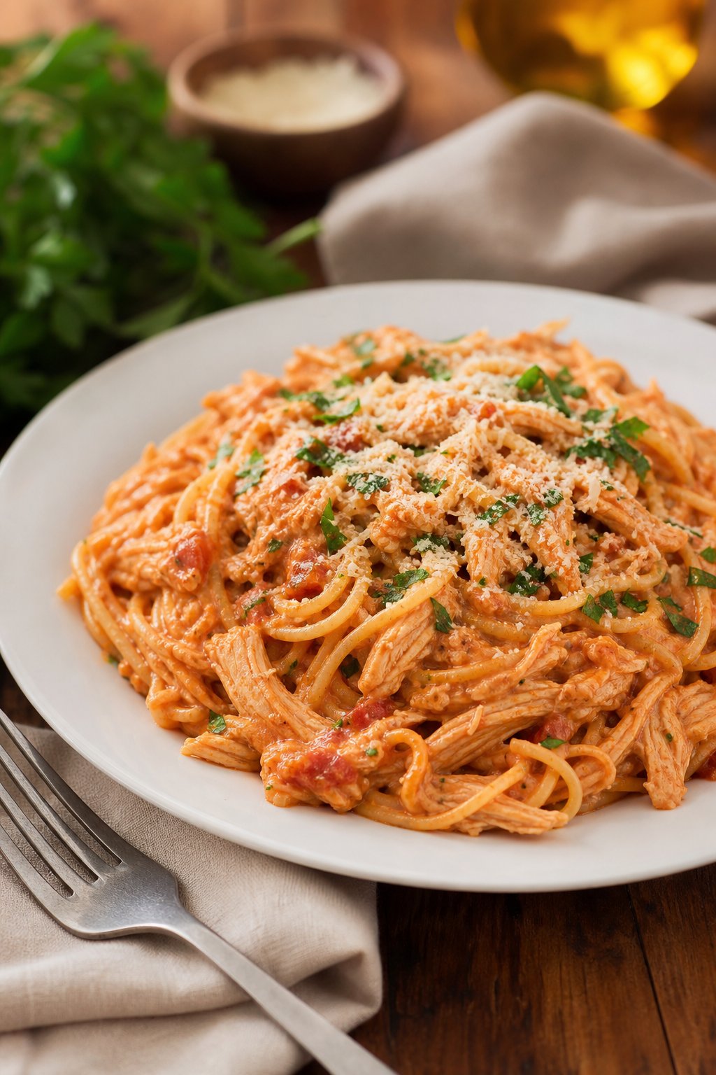 A plate of chicken spaghetti pasta with creamy tomato sauce and garnished with fresh herbs on a wooden table.