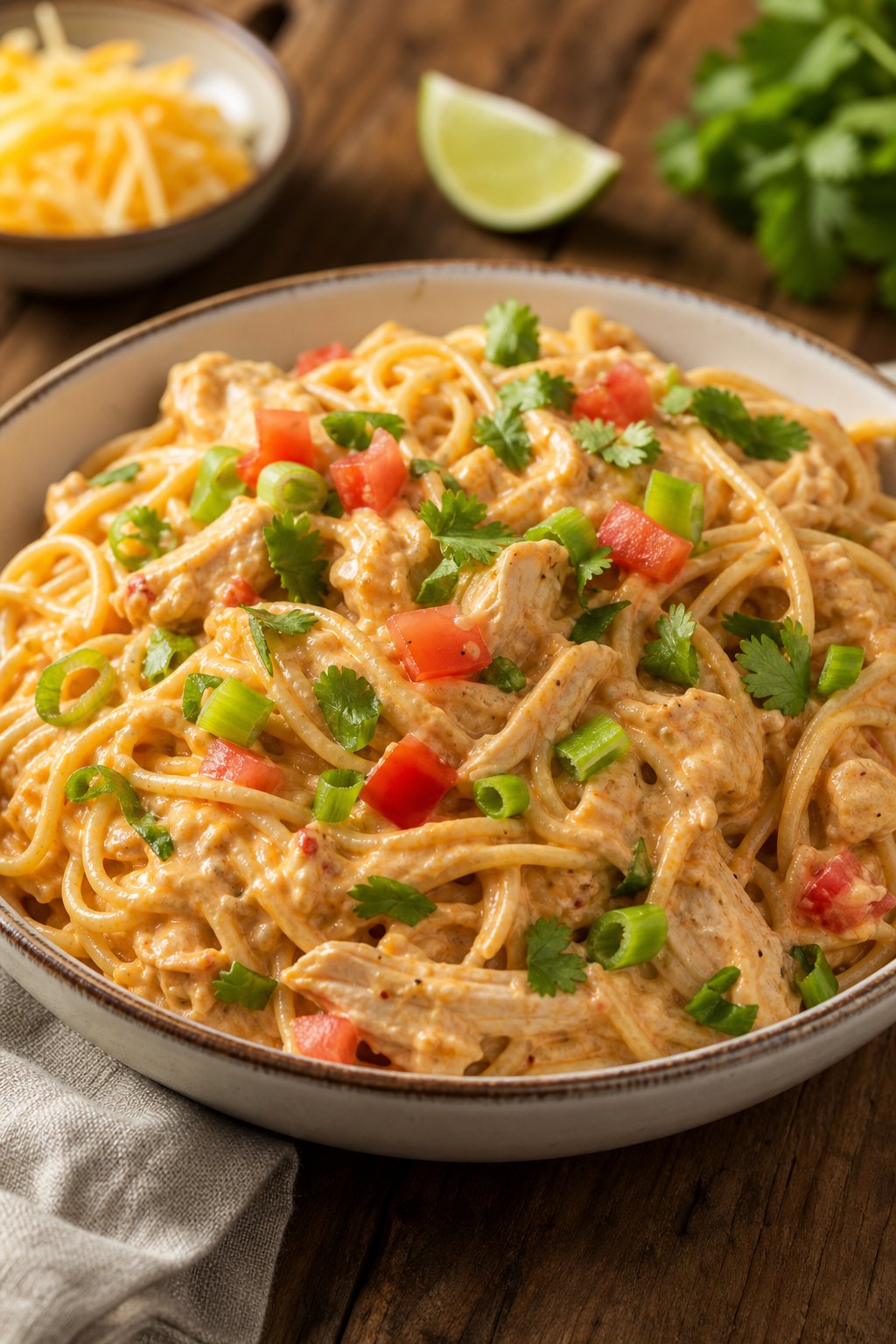 A bowl of creamy Tex-Mex chicken spaghetti garnished with cilantro, diced tomatoes, and green onions on a wooden table.