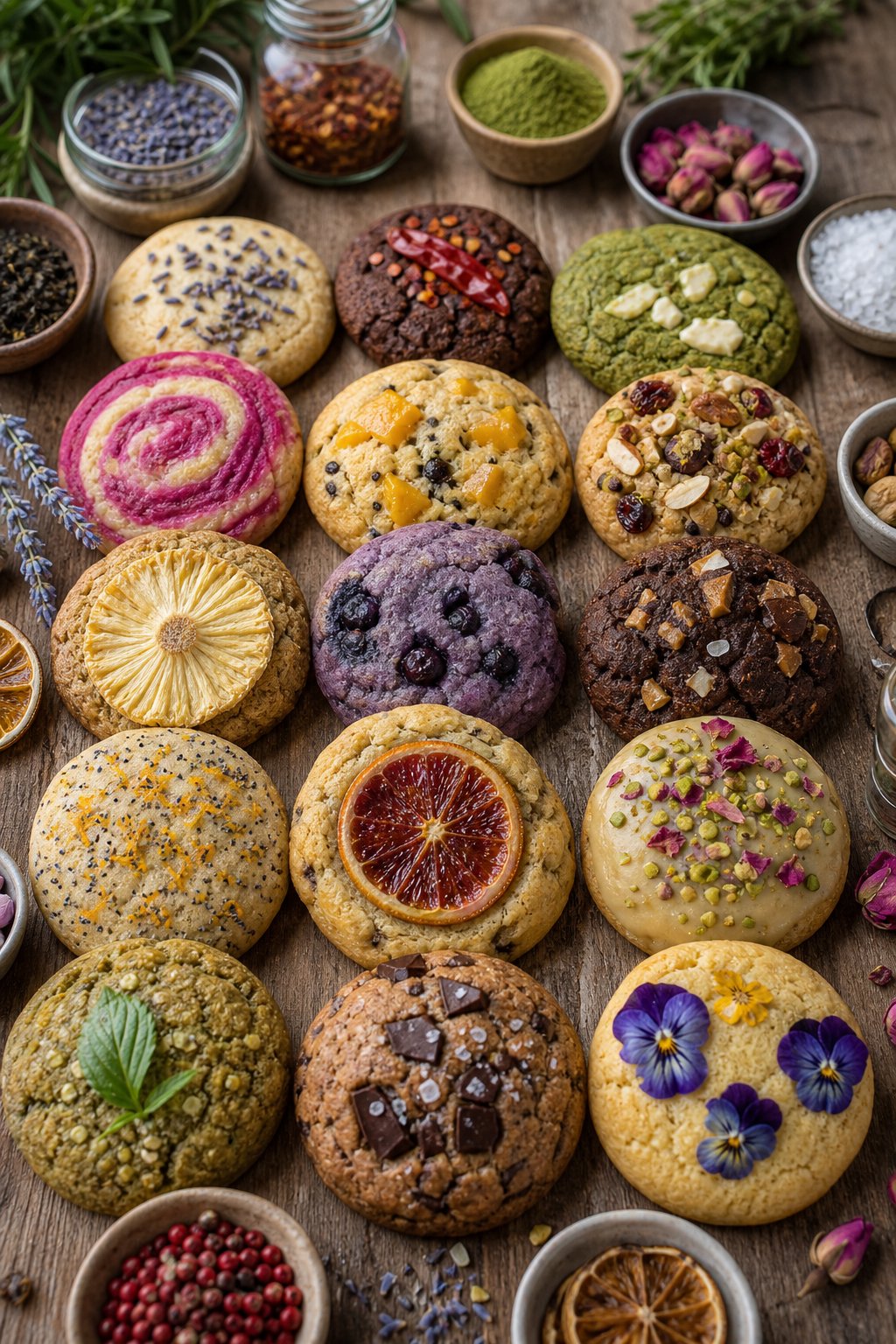 15 Weird Cookie Recipes That Actually Work: Surprise Your Taste Buds with These Unexpected Treats 2 An assortment of uniquely shaped and colorful cookies displayed on a wooden table with small bowls of unusual ingredients around them.