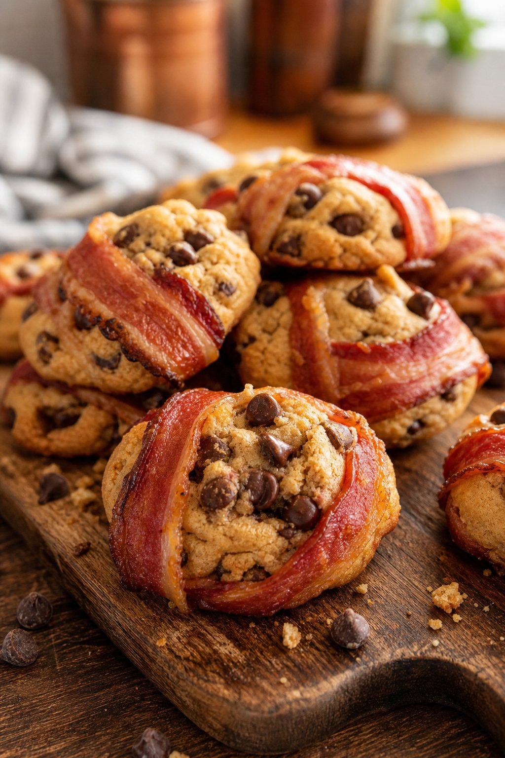 15 Weird Cookie Recipes That Actually Work: Surprise Your Taste Buds with These Unexpected Treats 3 A close-up of bacon-wrapped chocolate chip cookies on a wooden board with melted chocolate chips and crispy bacon strips.