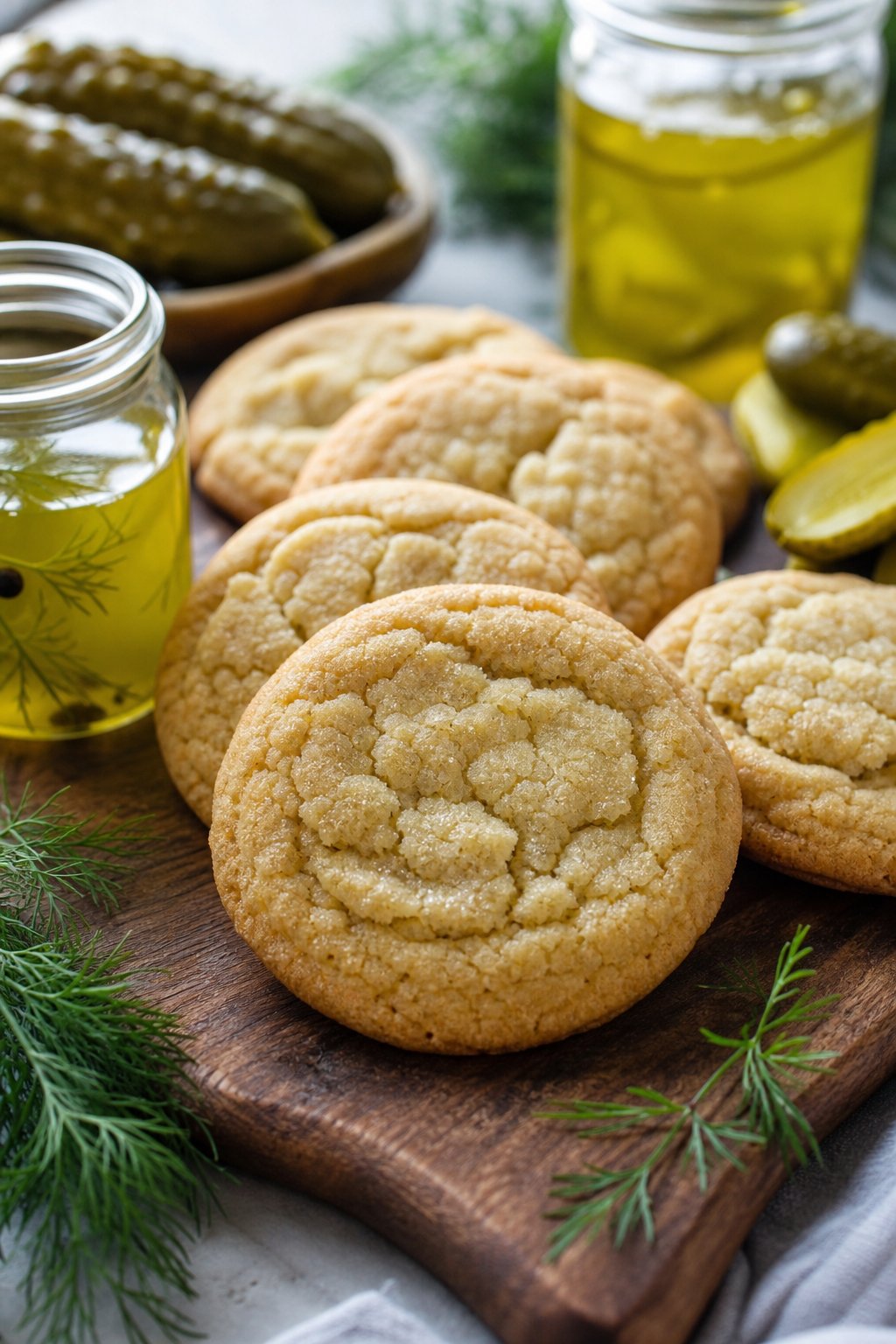 15 Weird Cookie Recipes That Actually Work: Surprise Your Taste Buds with These Unexpected Treats 4 Close-up of sugar cookies on a wooden board with jars of pickle brine, fresh herbs, and sliced pickles in the background.