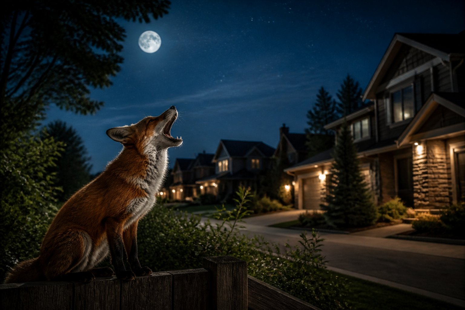 A red fox howling near homes in a quiet suburban neighborhood at night under a starry sky.