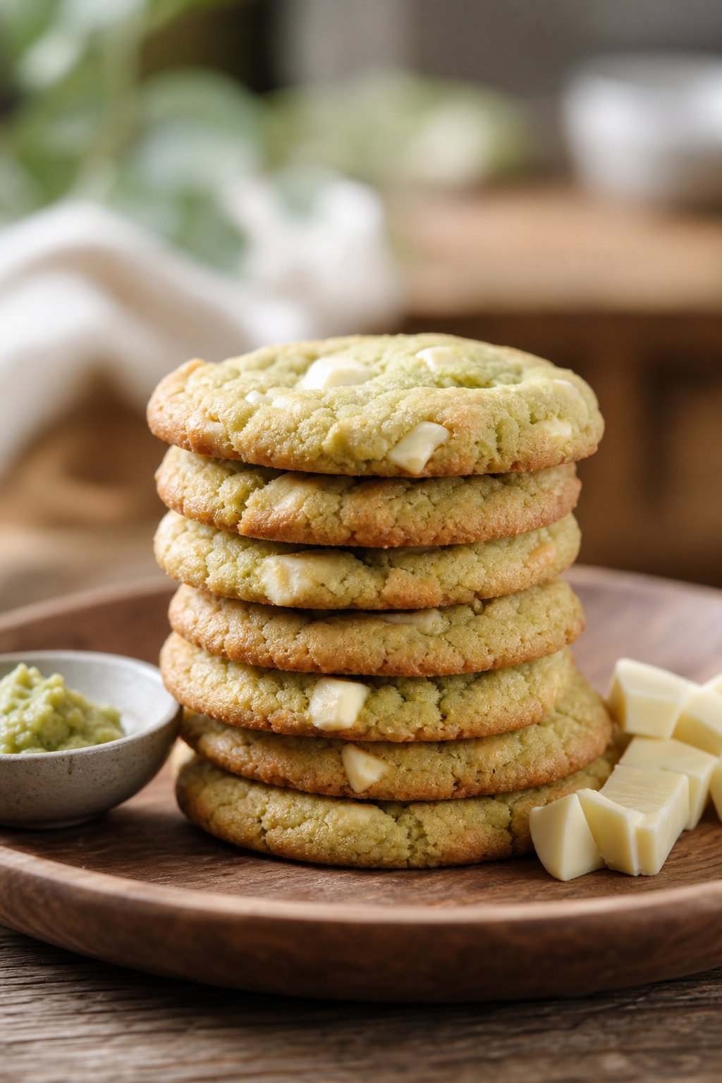 15 Weird Cookie Recipes That Actually Work: Surprise Your Taste Buds with These Unexpected Treats 5 A stack of wasabi white chocolate shortbread cookies on a wooden plate with wasabi paste and white chocolate pieces nearby.