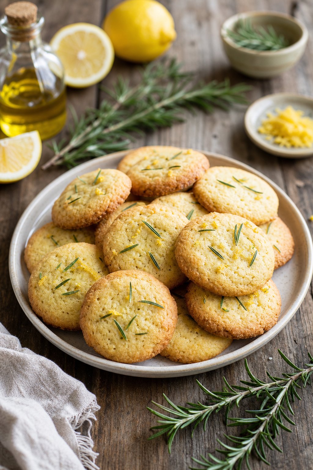 15 Weird Cookie Recipes That Actually Work: Surprise Your Taste Buds with These Unexpected Treats 6 Plate of golden brown olive-oil rosemary lemon cookies on a wooden table with fresh lemons, rosemary sprigs, and a small bottle of olive oil.