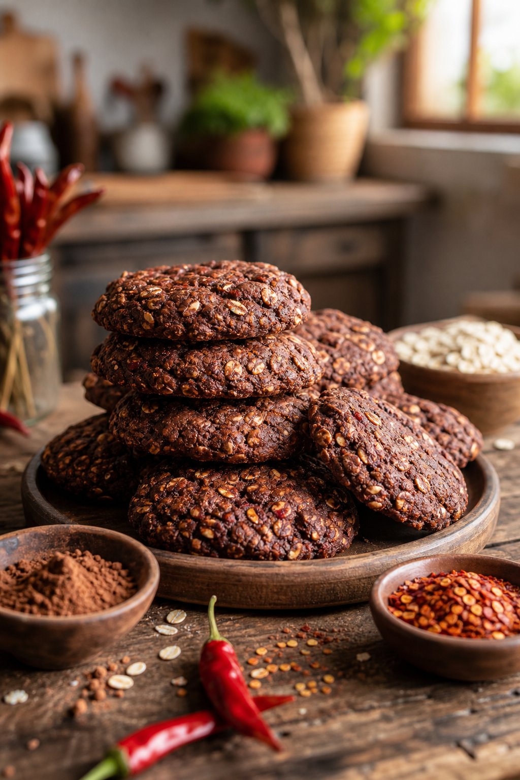 15 Weird Cookie Recipes That Actually Work: Surprise Your Taste Buds with These Unexpected Treats 7 A stack of chili-cocoa oatmeal cookies on a wooden table with bowls of cocoa powder, chili flakes, and oats nearby.