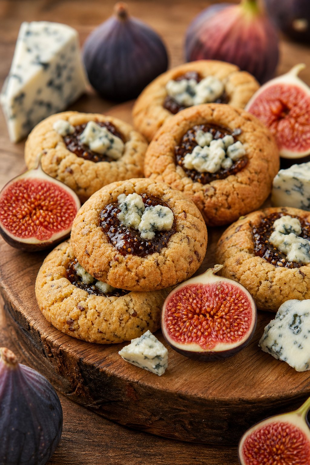15 Weird Cookie Recipes That Actually Work: Surprise Your Taste Buds with These Unexpected Treats 8 A wooden board with golden brown thumbprint cookies filled with blue cheese and fig jam, surrounded by fresh figs and blue cheese wedges.