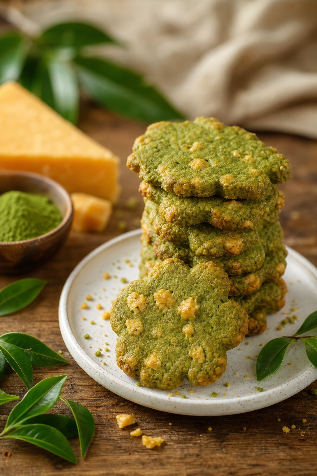 15 Weird Cookie Recipes That Actually Work: Surprise Your Taste Buds with These Unexpected Treats 9 A plate of green matcha cheddar tea cookies on a wooden table with tea leaves, matcha powder, and cheddar cheese nearby.