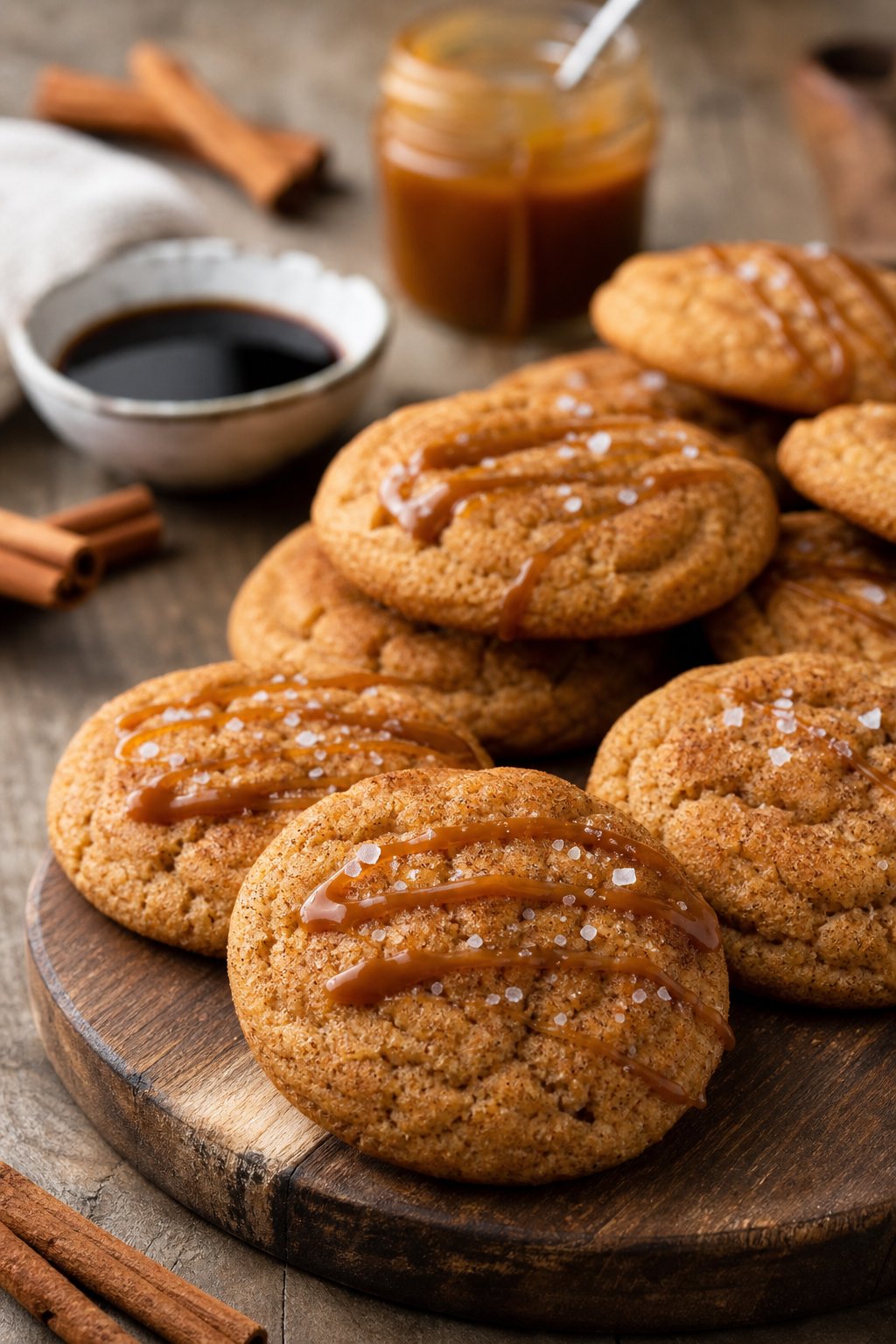 15 Weird Cookie Recipes That Actually Work: Surprise Your Taste Buds with These Unexpected Treats 10 A plate of golden-brown salted caramel soy sauce snickerdoodle cookies with caramel drizzle and sea salt on a wooden surface, surrounded by cinnamon sticks and small bowls of soy sauce and caramel.