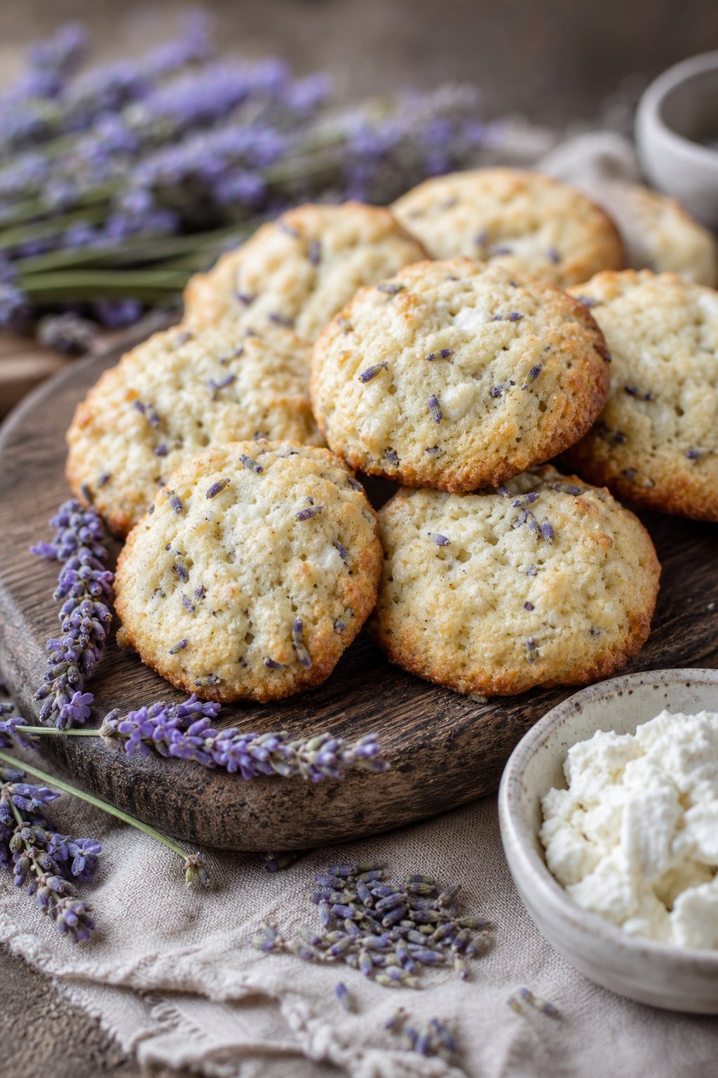15 Weird Cookie Recipes That Actually Work: Surprise Your Taste Buds with These Unexpected Treats 11 Close-up of several lavender goat-cheese ricotta cookies on a wooden board with sprigs of lavender and a bowl of cheese nearby.