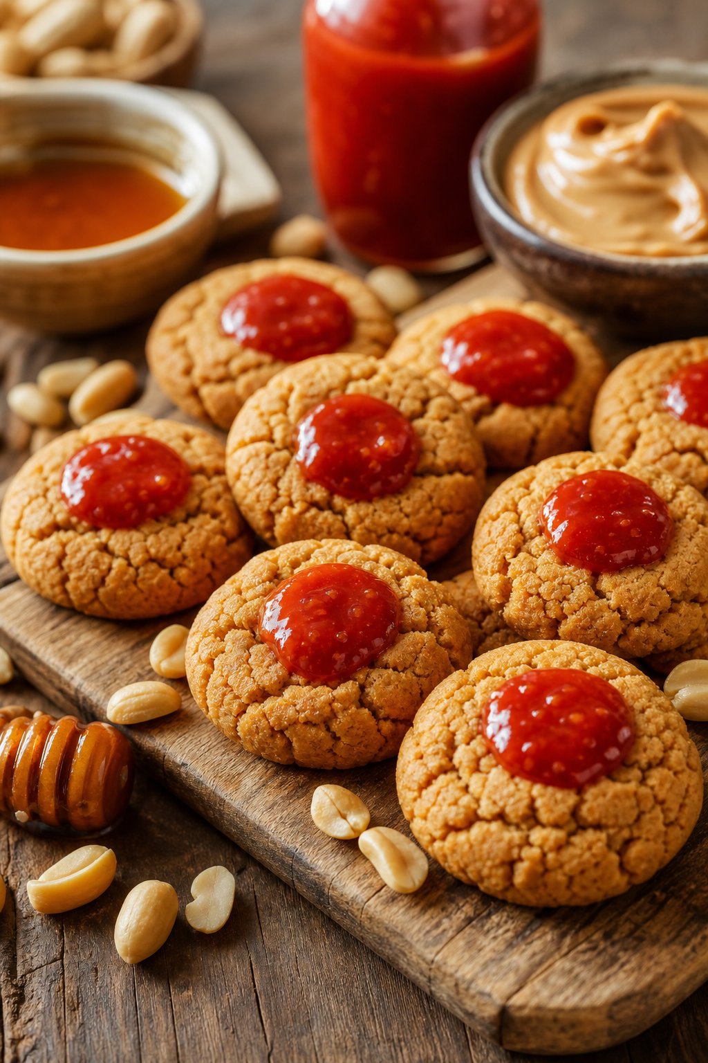 15 Weird Cookie Recipes That Actually Work: Surprise Your Taste Buds with These Unexpected Treats 12 Close-up of freshly baked peanut butter cookies with red glaze on a wooden board, surrounded by small bowls of honey, peanut butter, and Sriracha sauce.
