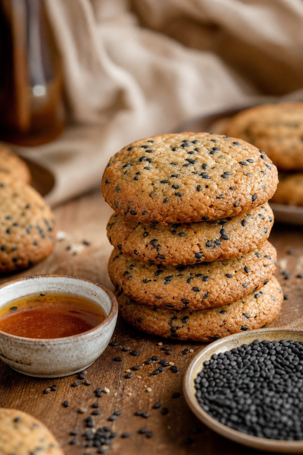 15 Weird Cookie Recipes That Actually Work: Surprise Your Taste Buds with These Unexpected Treats 13 A stack of black sesame brown butter cookies on a wooden surface with scattered sesame seeds and a bowl of melted brown butter nearby.