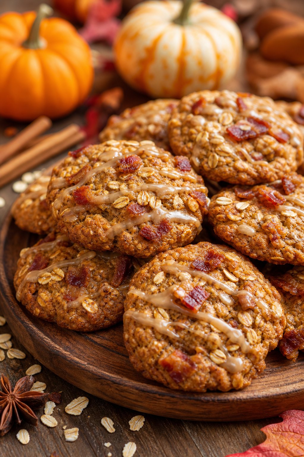 15 Weird Cookie Recipes That Actually Work: Surprise Your Taste Buds with These Unexpected Treats 14 A platter of pumpkin spice bacon oatmeal cookies surrounded by autumn decorations like small pumpkins and cinnamon sticks.