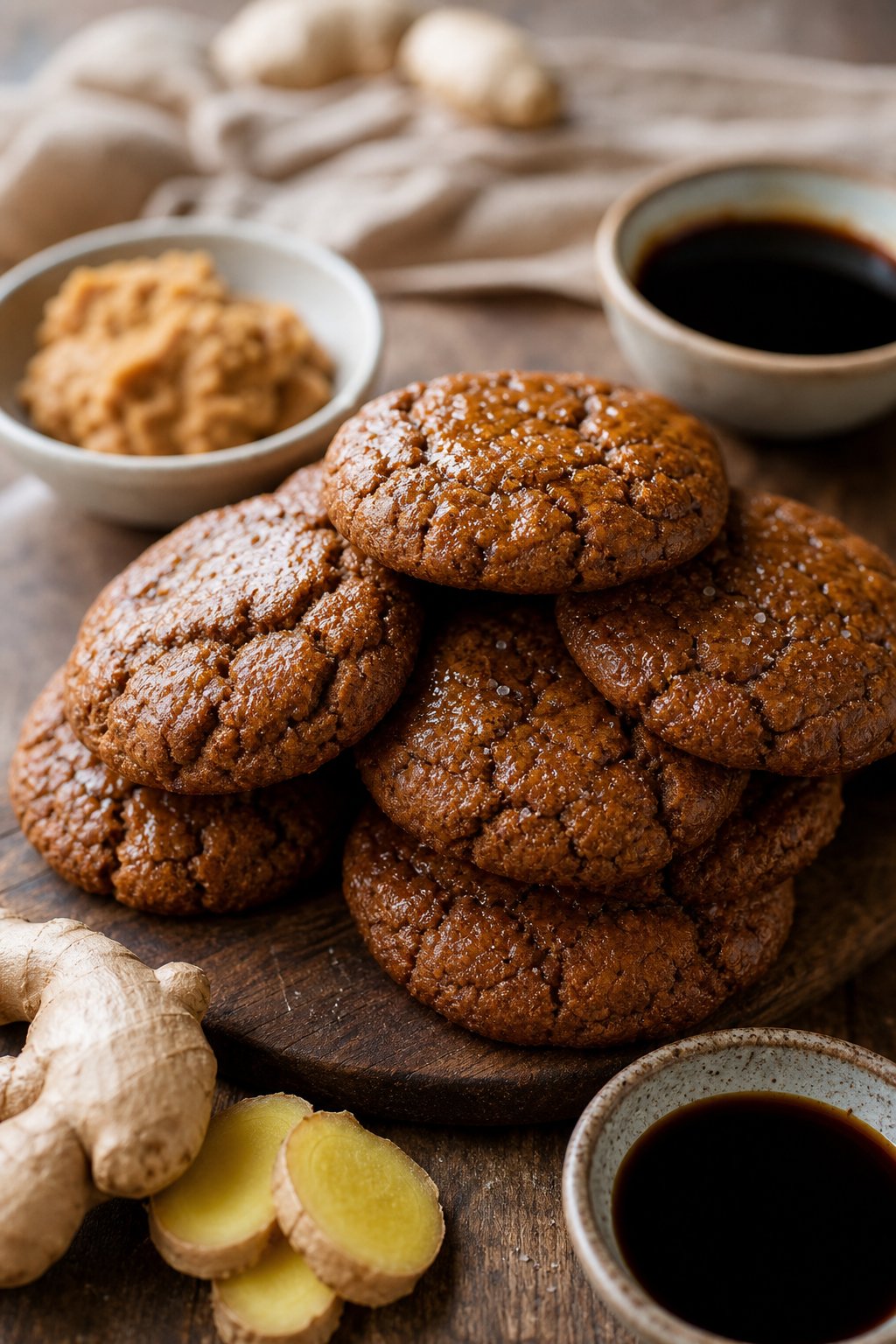 15 Weird Cookie Recipes That Actually Work: Surprise Your Taste Buds with These Unexpected Treats 15 Close-up of golden brown ginger-miso molasses cookies on a wooden surface with bowls of miso paste, molasses, and ginger root slices nearby.