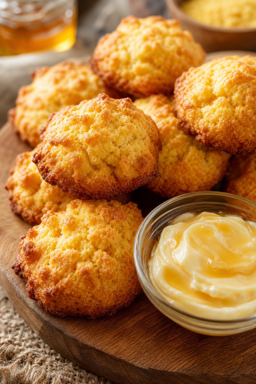 15 Weird Cookie Recipes That Actually Work: Surprise Your Taste Buds with These Unexpected Treats 16 A close-up of golden brown cornbread drop cookies on a wooden board with a small bowl of honey butter beside them.