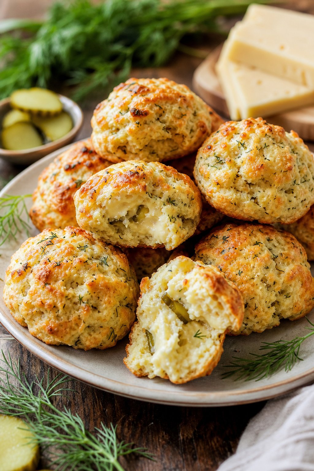 15 Weird Cookie Recipes That Actually Work: Surprise Your Taste Buds with These Unexpected Treats 17 Plate of golden brown savory biscuits with dill, pickle slices, and Havarti cheese on a wooden table.