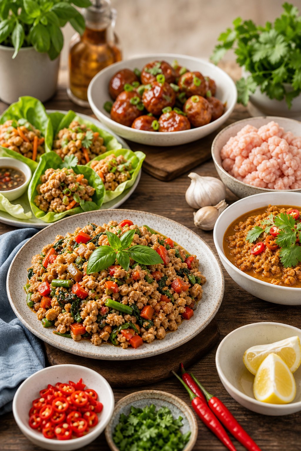 An assortment of freshly prepared minced chicken dishes with fresh ingredients on a wooden table.