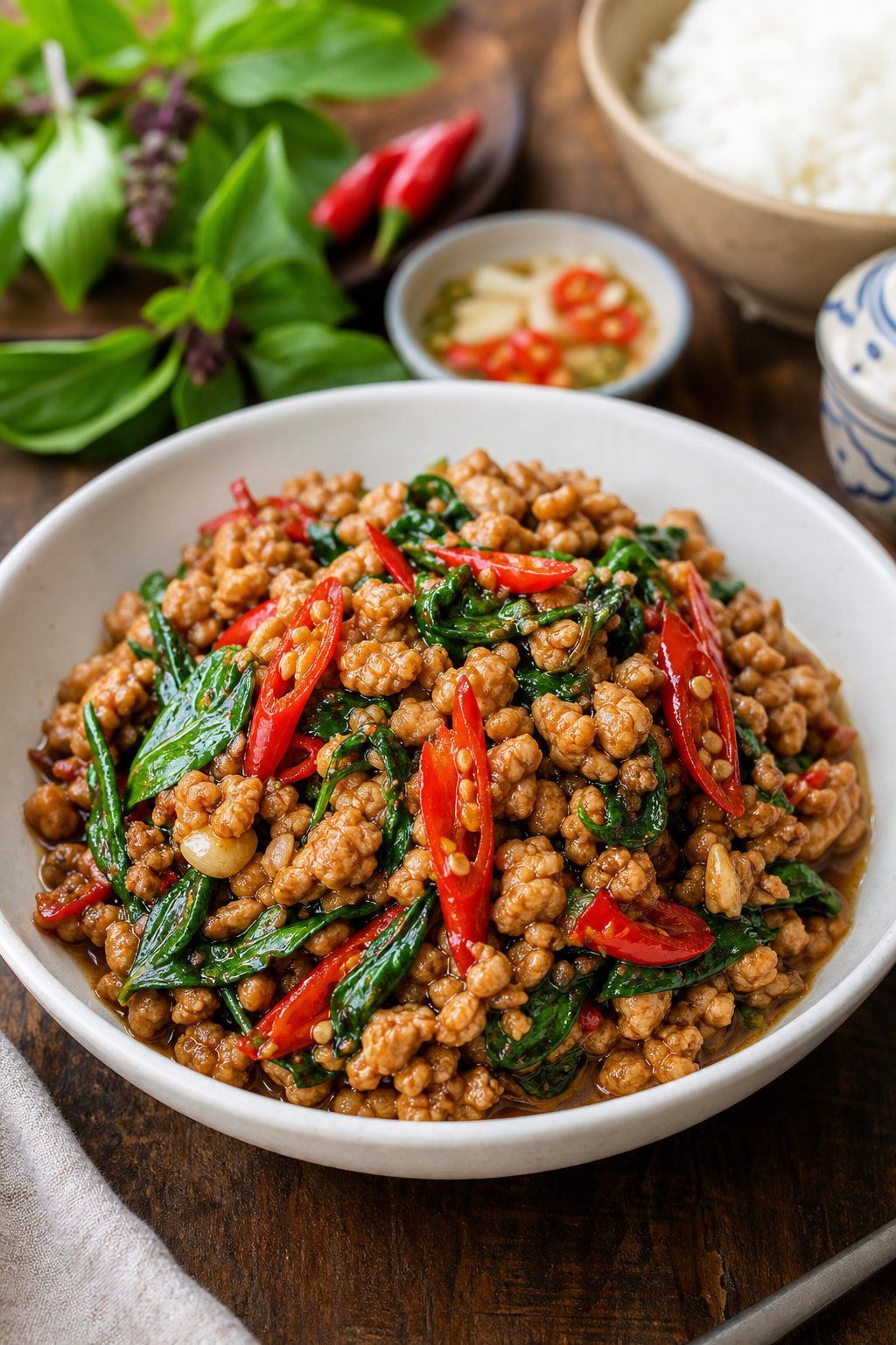 Close-up of a bowl of Thai basil minced chicken stir-fry with fresh herbs and chili on a wooden table.