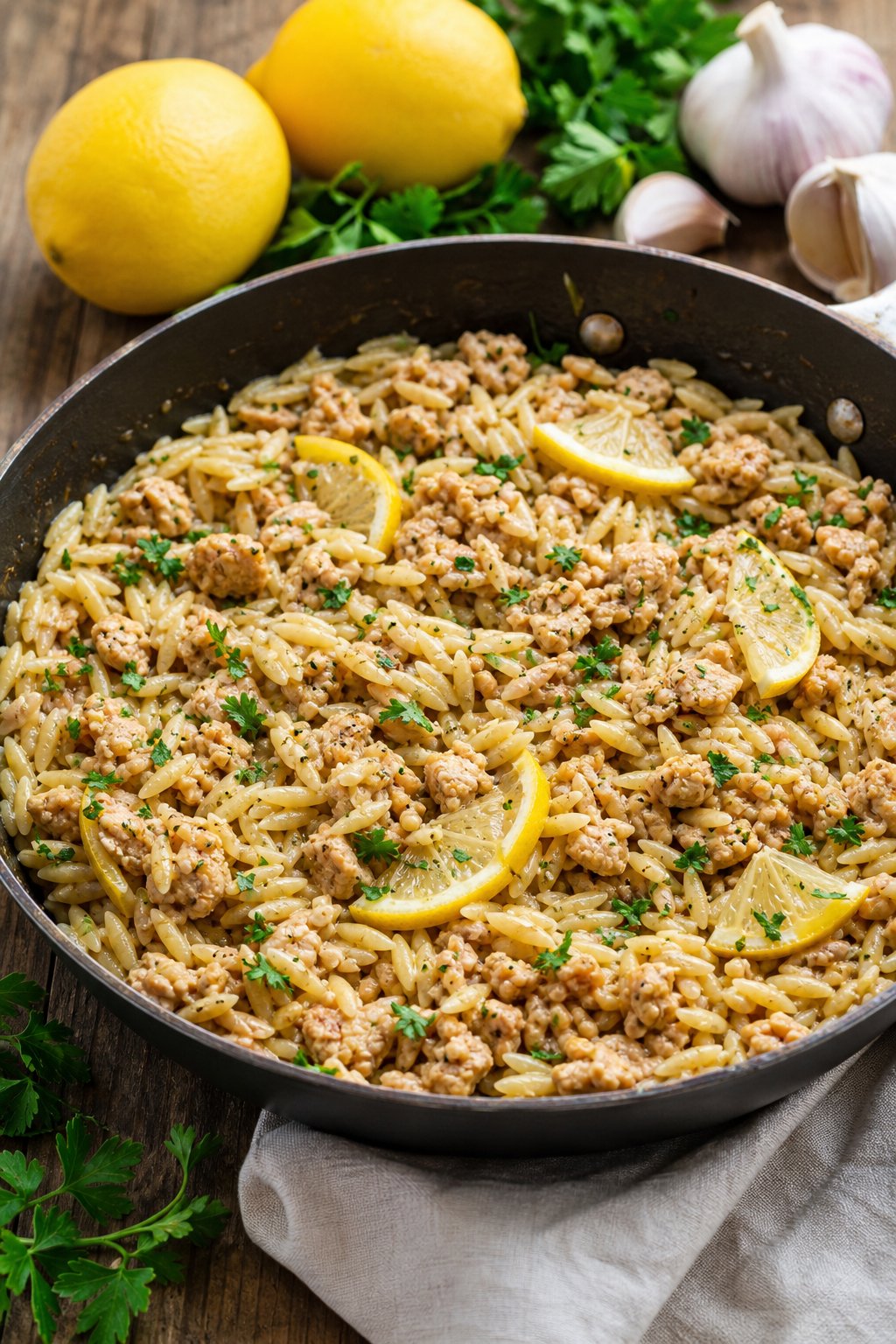 A skillet filled with lemon garlic minced chicken and orzo pasta garnished with parsley and lemon slices on a wooden table.