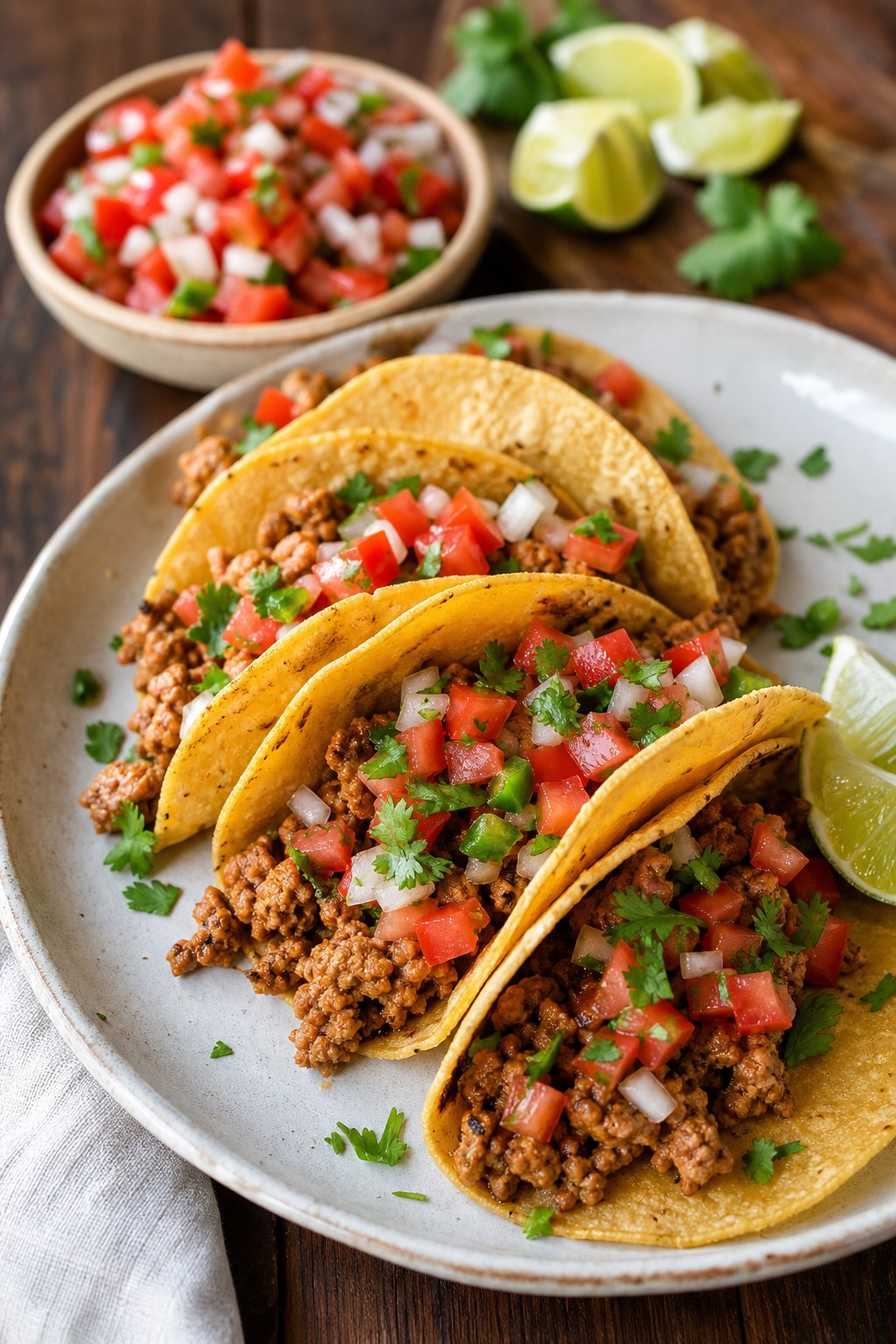 A plate of minced chicken tacos topped with fresh pico de gallo on a wooden table with a bowl of salsa and lime wedges nearby.