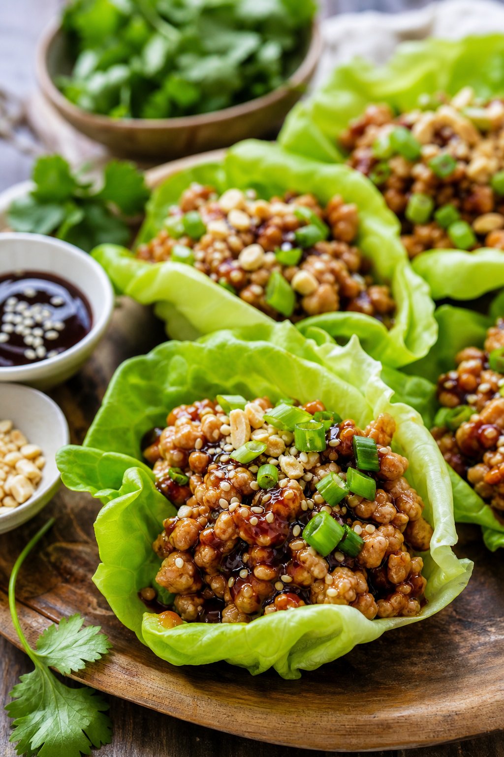 Close-up of minced chicken lettuce wraps filled with seasoned chicken and garnished with green onions and sesame seeds on a wooden platter with small bowls of sauce and herbs nearby.