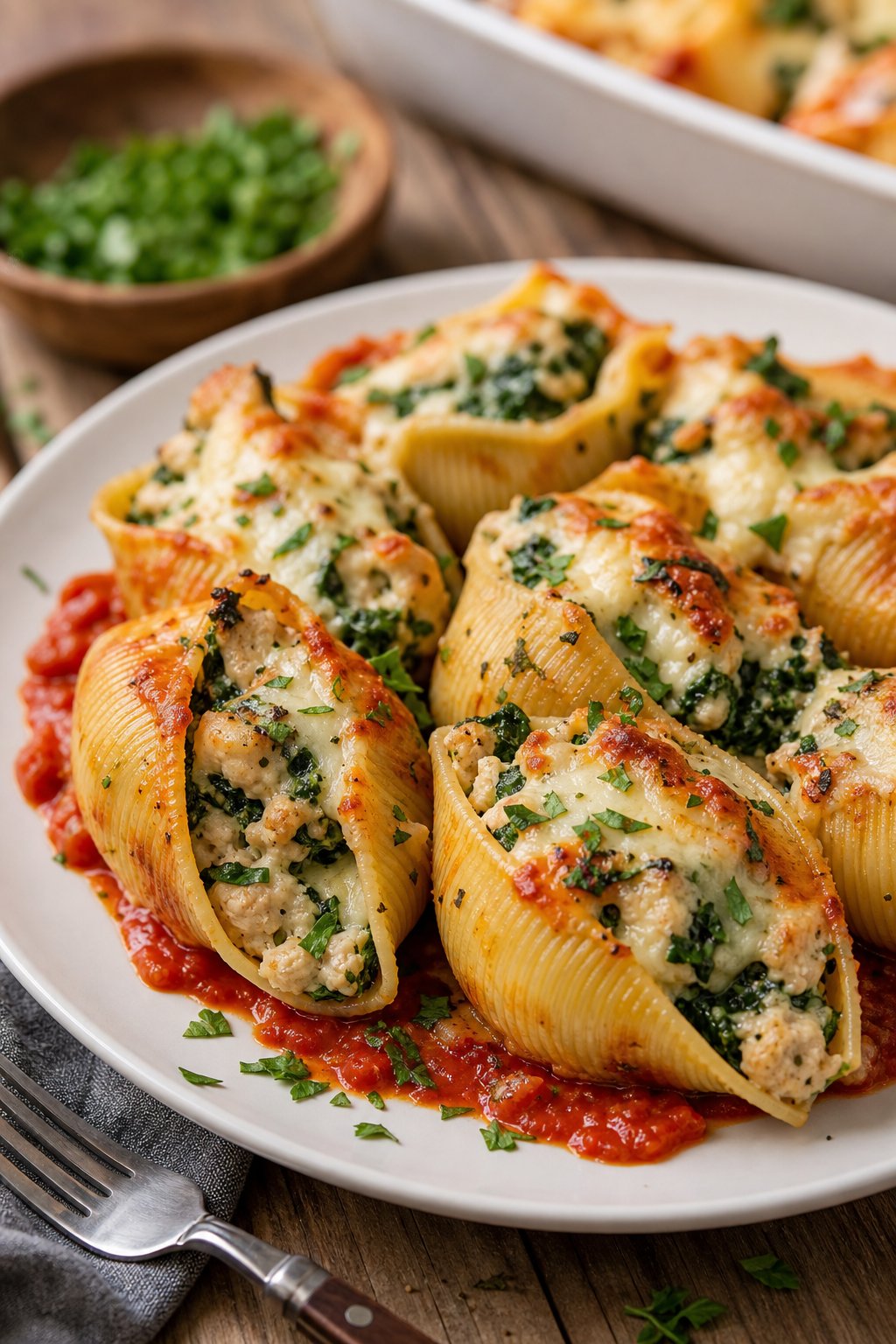 A plate of cheesy minced chicken and spinach stuffed pasta shells garnished with parsley and tomato sauce on a wooden table.