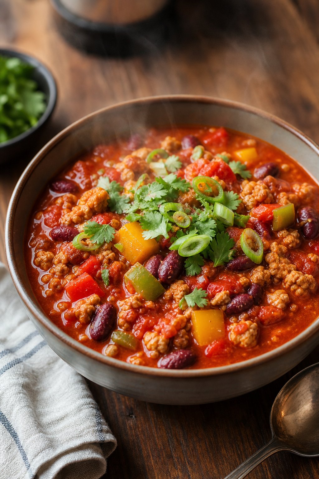 A bowl of minced chicken chili with beans garnished with cilantro and green onions on a wooden table.