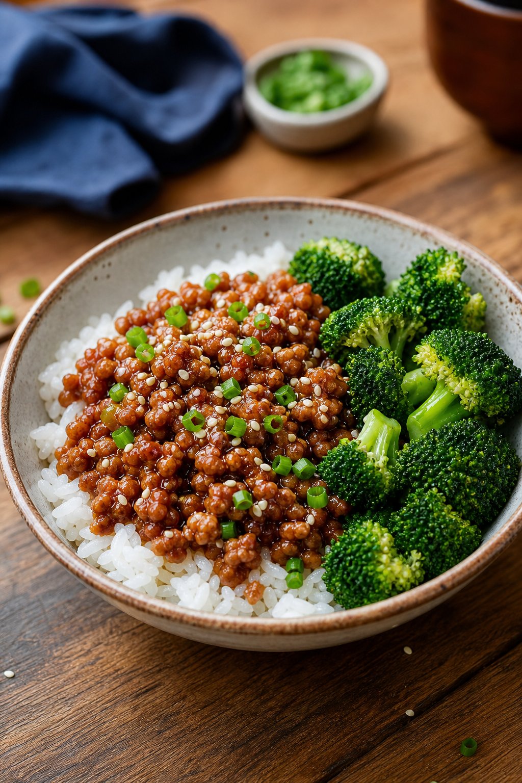 A bowl of minced chicken teriyaki with steamed broccoli and white rice on a wooden table.