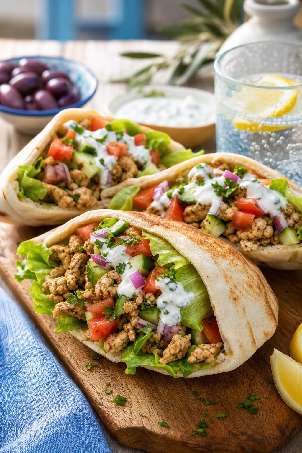 Close-up of pita pockets filled with minced chicken, fresh vegetables, and sauce on a wooden board with Mediterranean-style side dishes in the background.