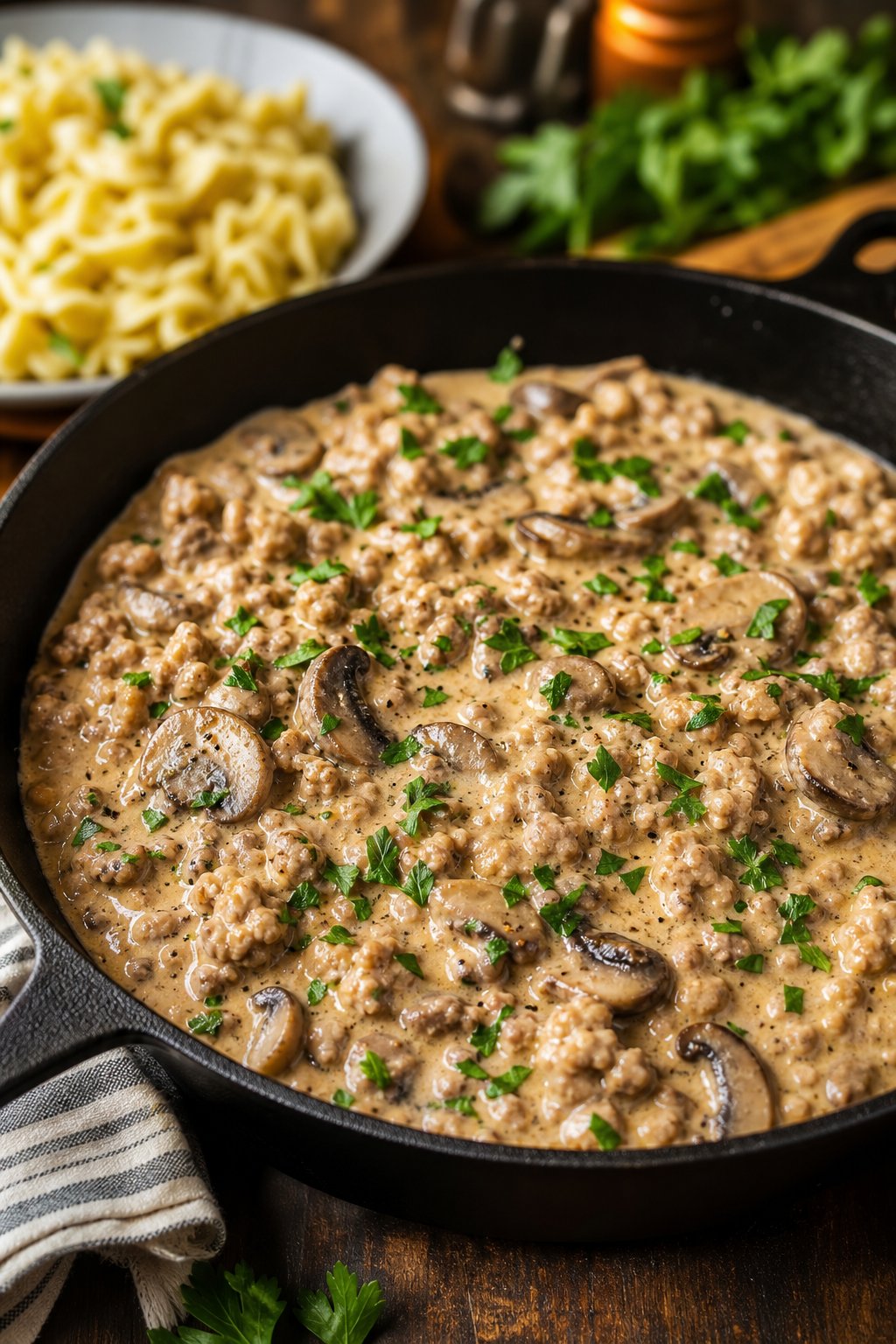 A skillet filled with creamy minced chicken and mushroom stroganoff garnished with parsley, served with a side of noodles on a wooden table.