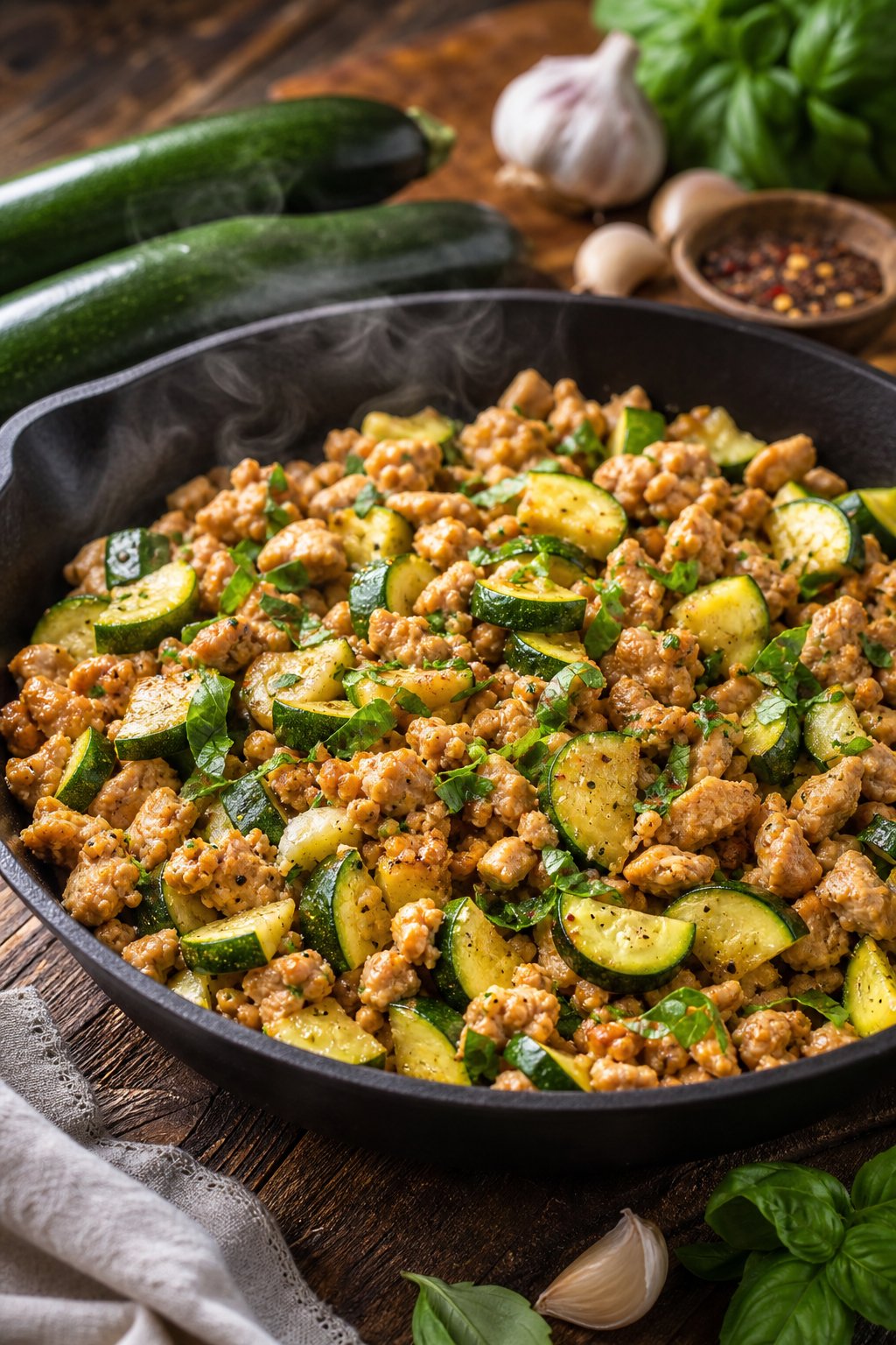 A skillet filled with cooked minced chicken and zucchini garnished with fresh herbs on a wooden table with fresh ingredients nearby.