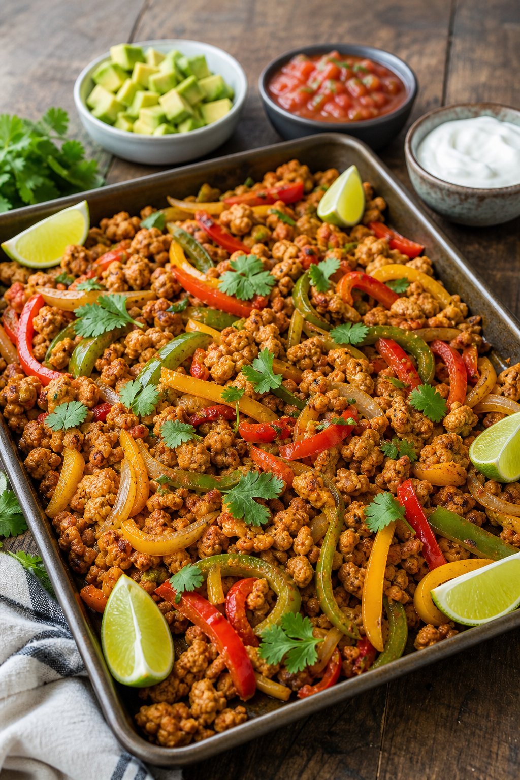 A sheet pan filled with cooked minced chicken fajitas with colorful bell peppers and onions, garnished with cilantro and lime wedges on a wooden table.