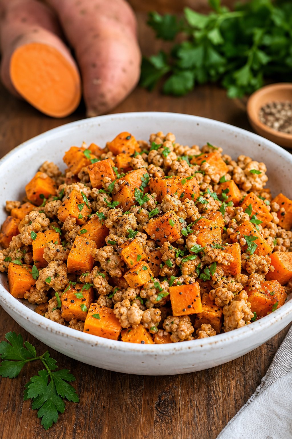 A bowl of minced chicken and sweet potato hash garnished with parsley on a wooden table with fresh ingredients around it.