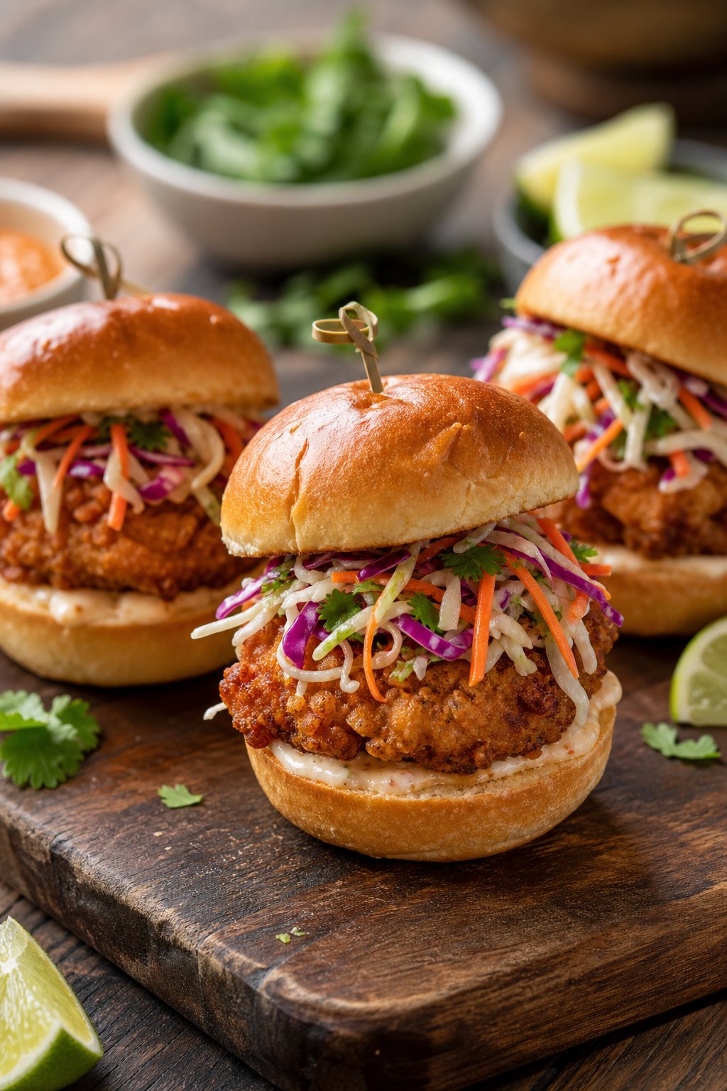 Three crispy minced chicken sliders with colorful quick slaw on a wooden board in a casual dining setting.