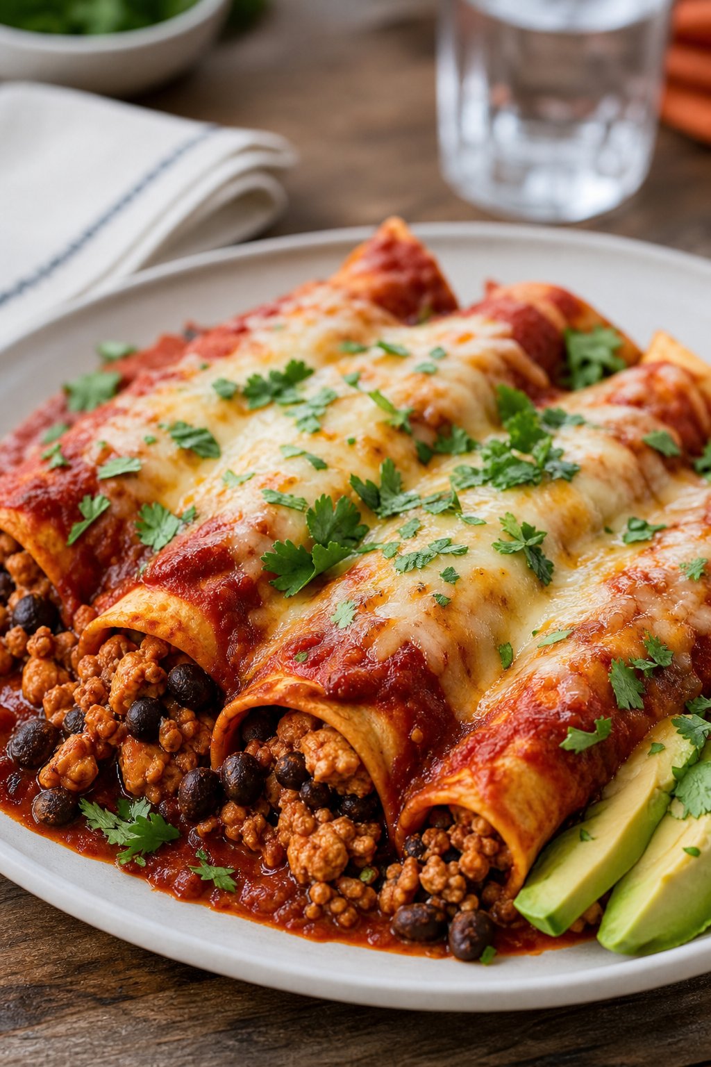 Plate of minced chicken and black bean enchiladas topped with melted cheese and garnished with cilantro and avocado slices on a wooden table.