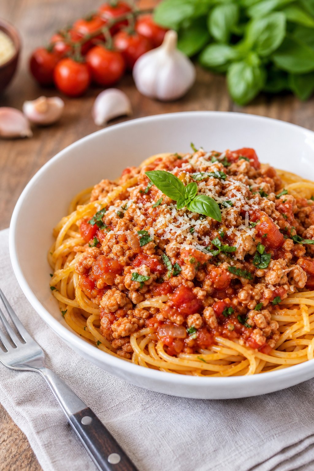 A bowl of minced chicken bolognese served over pasta on a wooden table with fresh ingredients in the background.