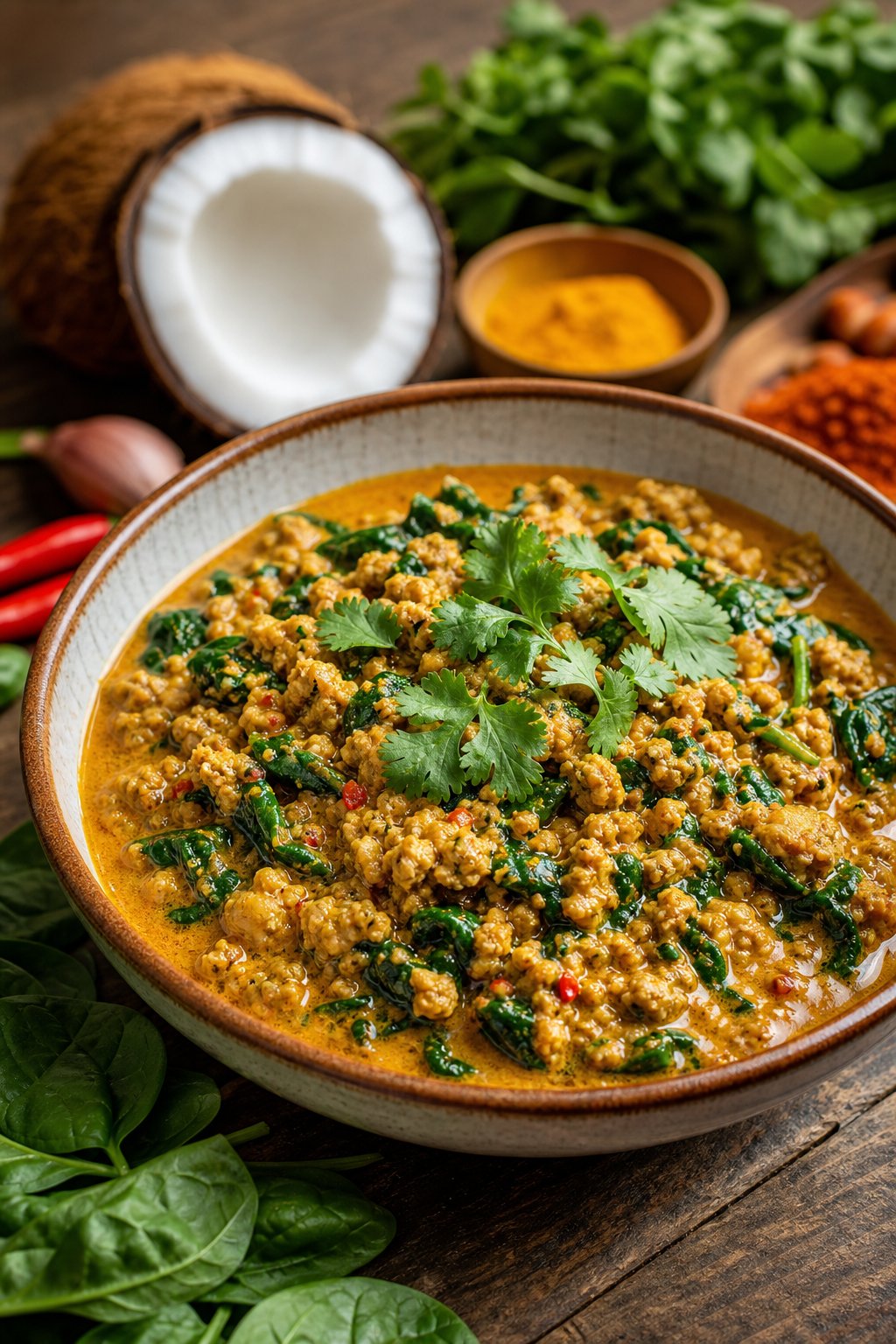 A bowl of coconut curry minced chicken with spinach on a wooden table, garnished with fresh herbs.