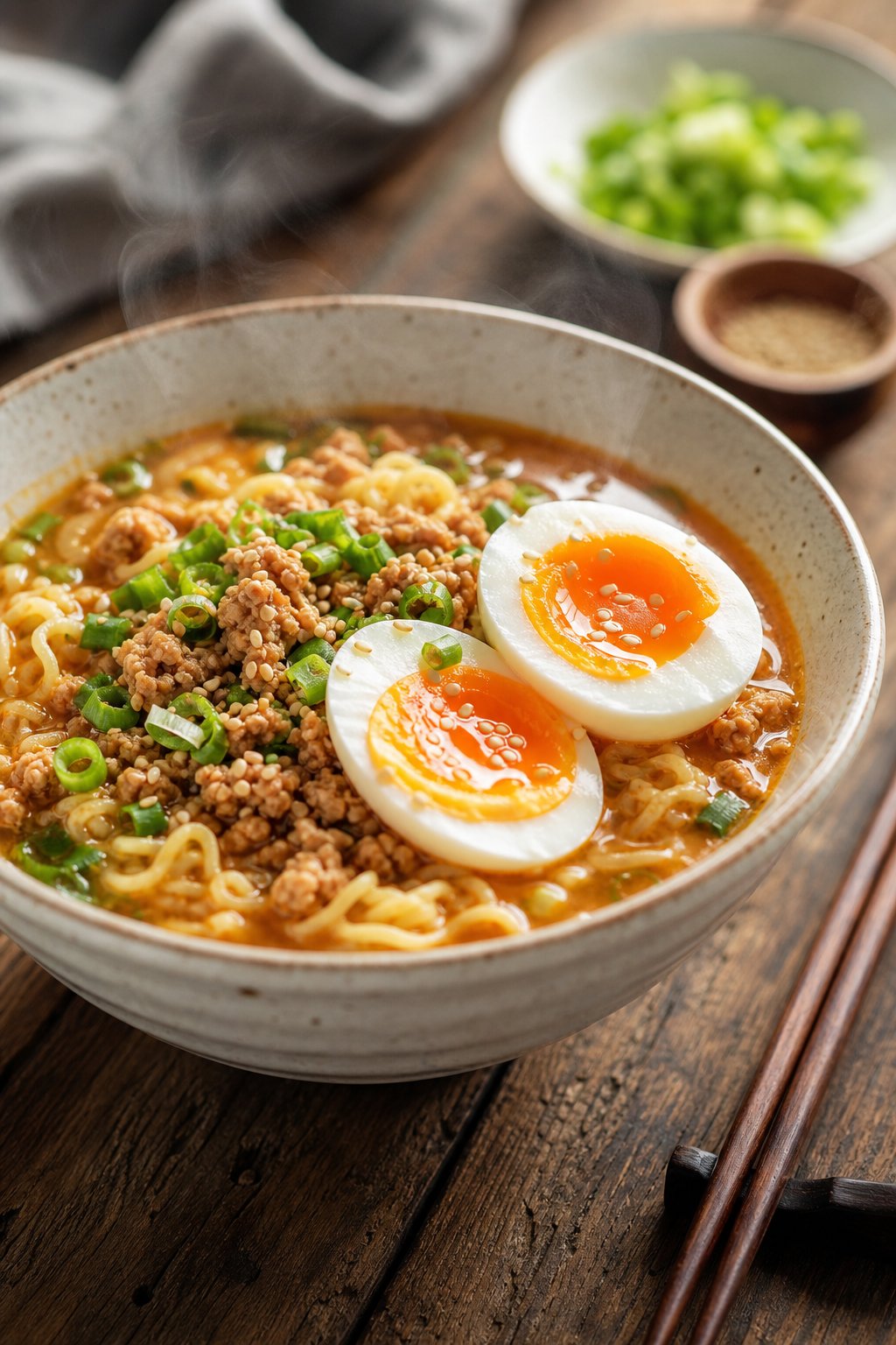 A bowl of minced chicken ramen with a soft-boiled egg, garnished with scallions and sesame seeds on a wooden table.